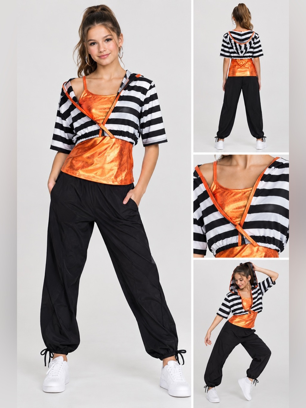 3-Piece Hip Hop Dance Costume – Metallic Orange & Black/White Stripes | SA